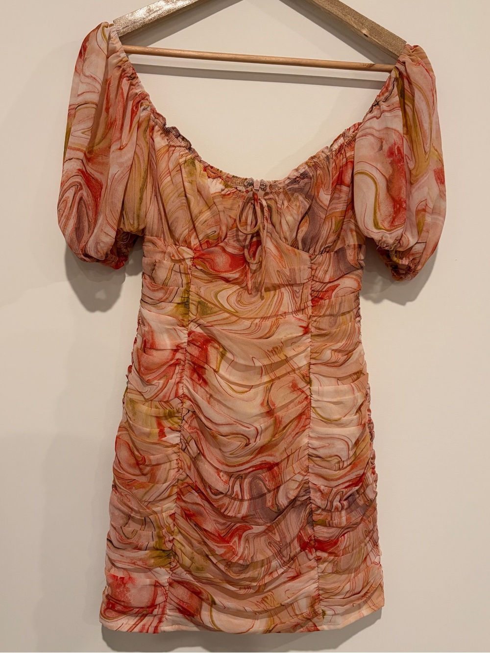 SweetPot Size 6 Multicolor Abstract Marble Mesh Ruched Puff Sleeve Mini Dress